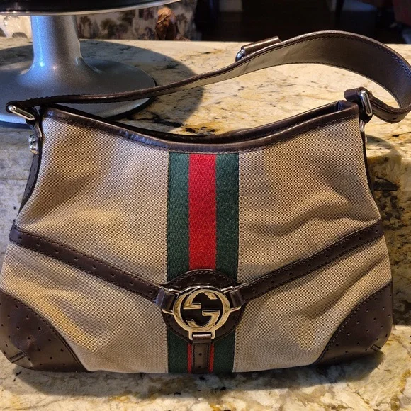 GUCCI Hand Bag Sherry Line Inter Locking SilverW:12.2" H: 7.9" D: 1.6"drop 7"